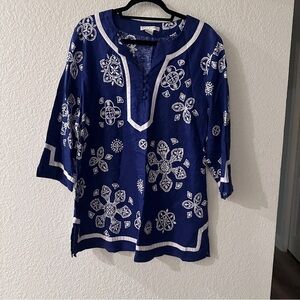 Sarah Spencer Navy Tunic Top 1X White Embroidered Boho 3/4 Sleeve 100% Linen